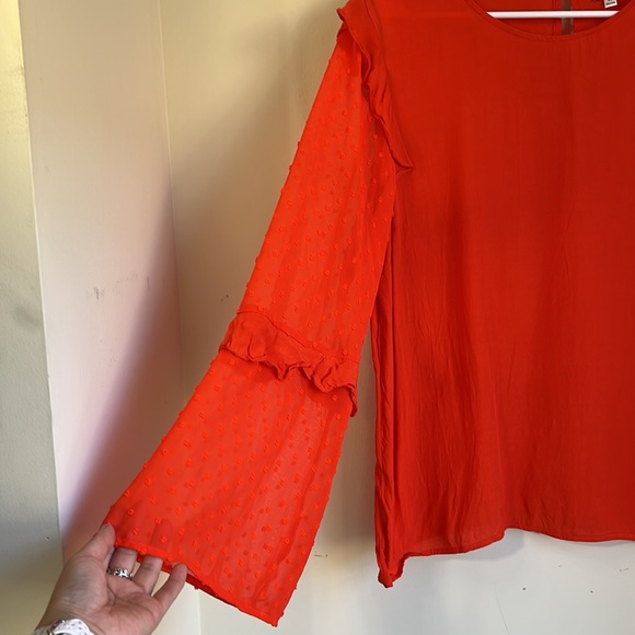 Nicole Miller New York Orange Ruffle Bell Sleeve Swiss Dotted Long Sleeve Blouse - Picture 3 of 8